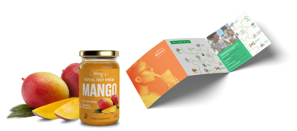 Package design, brochure design, and branding examples.